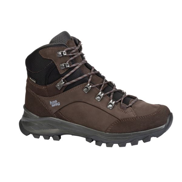 A dark brown mid‑cut hiking boot made from smooth leather and suede, with metal lace hooks and two‑tone brown laces. The boot includes a padded ankle area, reinforced toe, and a deep‑lugged outsole, with Hanwag branding on the side.