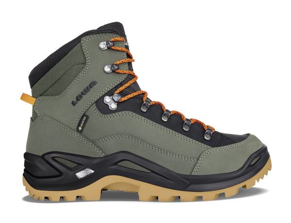 A close up of a large green walking boot with a beige sole and orange laces