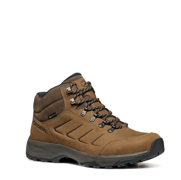 A tan mid‑cut leather hiking boot with black accents, metal lace hooks, and sturdy two‑tone laces. It features a padded ankle collar, GORE‑TEX tag, reinforced toe, and a durable black outsole, with Scarpa branding near the heel