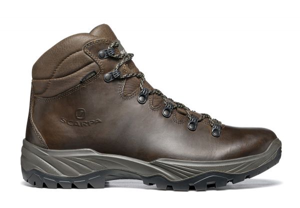 A close up of a brown, classic-looking leather walking boot with a grey panel at the bottom. 