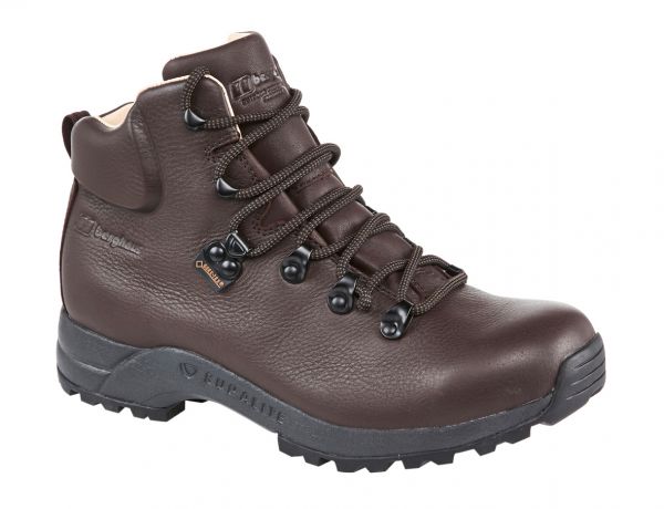 A close up of a dark brown leather walking boot with a grey tread