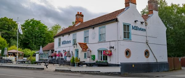 The exterior of the Maltsters public house near Ranworth Broad in the Norfolk Broads National Park 