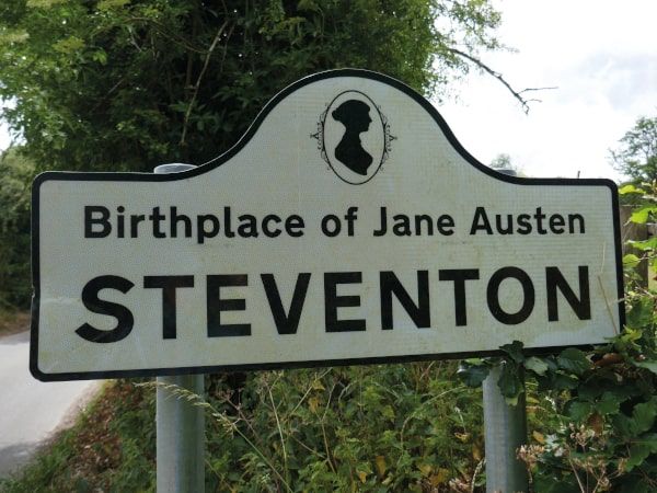 road sign reading birthplace of Jane Austen