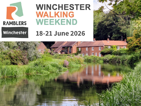 The Ramblers logo and Winchester Walking Weekend 18-21 June 2026. In the background is a photo of the Itchen Navigation, with green banks and houses reflected in the water.