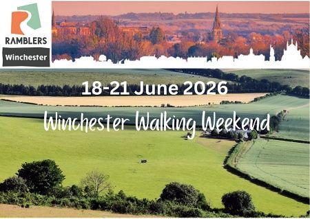 Ramblers logo, silhouette of Winchester, green fields with text '18-21 June 2026 Winchester Walking Weekend"