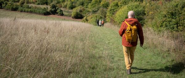 A rear view of a male walker who is following his friends as they descend a hill