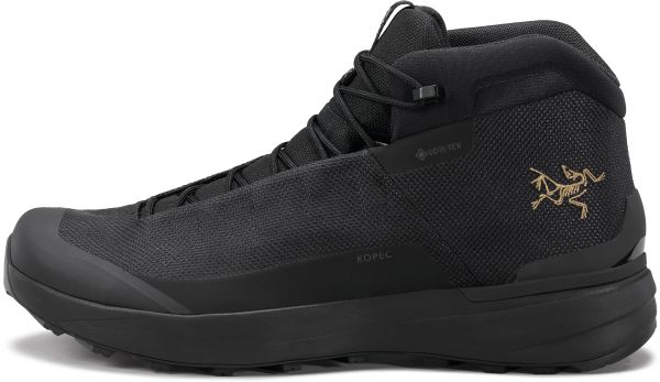 A black mid‑cut hiking boot with a sleek, minimalist design, featuring a textured synthetic upper, GORE‑TEX tag, subtle lacing system, and the Arc’teryx bird logo in gold on the heel, with a durable black outsole.