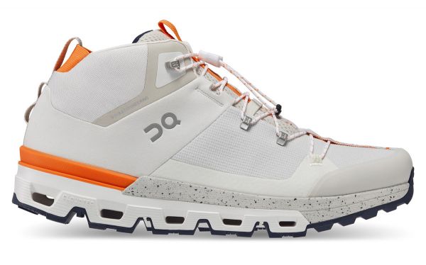 A close up of a single, white, modern-looking walking shoe with orange detailing