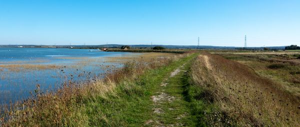 A path along a narrow grassy strip beside the sea