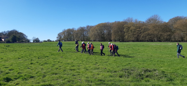 group walking across a field