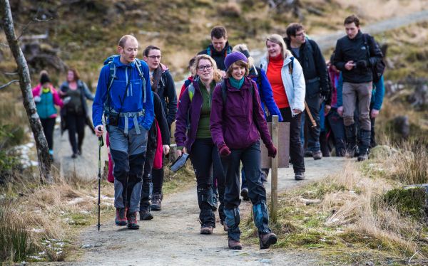 A large group of walkers, on an uphill path.