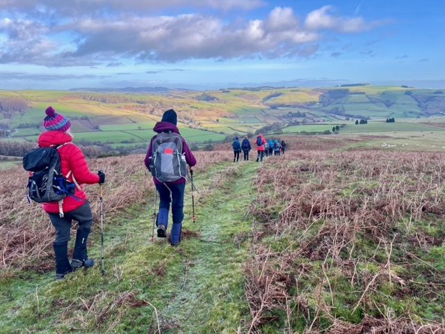 A group of hikers walking down a hill, with a view over the Radnor hills